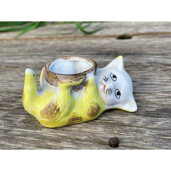 Vintage Bisque Porcelain Small Sad Kitty Cat Planter Vase - Picture 11 of 11